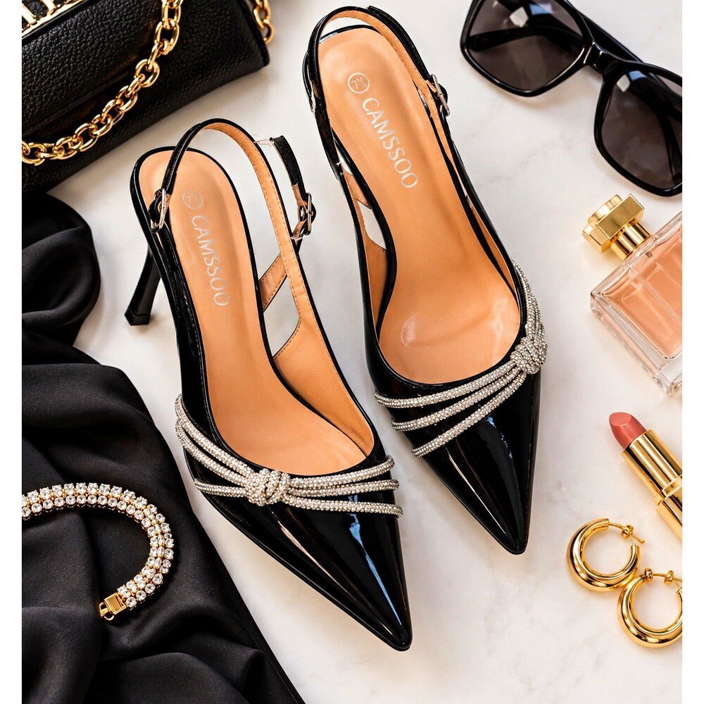 CAMSSOO Black Patent Leather Pointed Toe Slingback Stiletto Heels Size 7.5